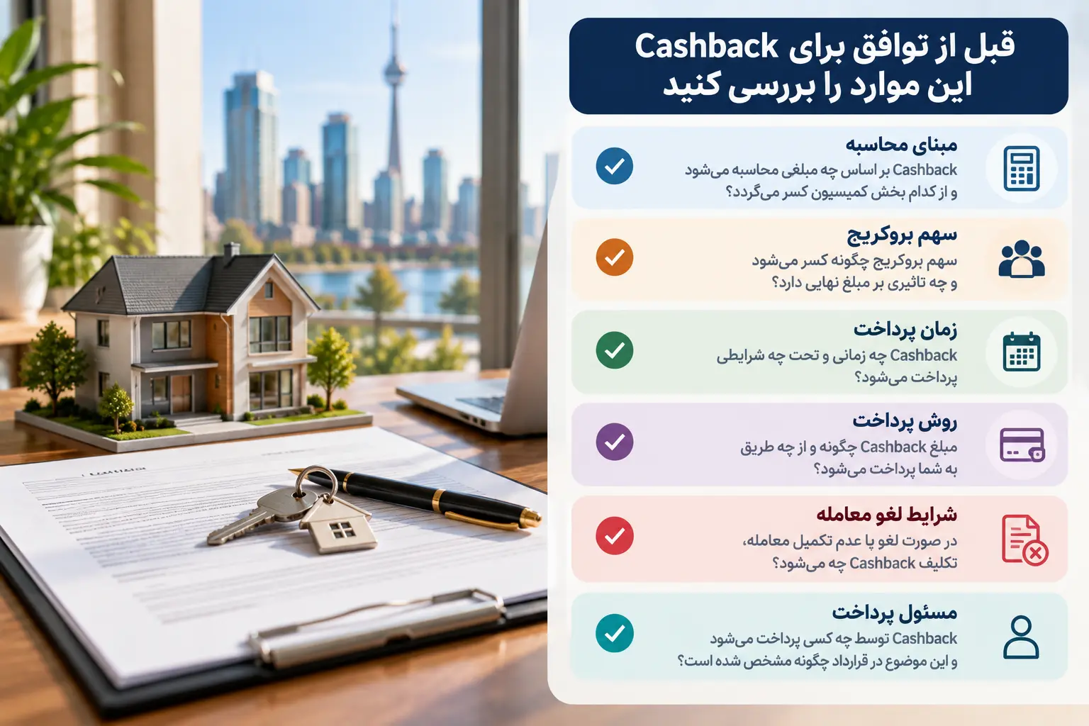 چک لیست موارد مهم توافق کتبی کش بک خرید خانه شامل محاسبه کمیسیون و شرایط پرداخت