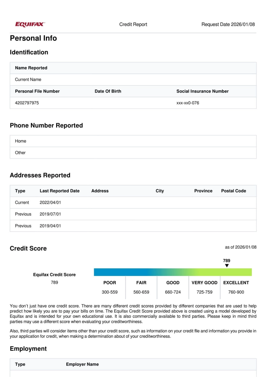 نمونه گزارش اعتباری Equifax کانادا شامل اطلاعات شخصی و امتیاز اعتباری Credit Report