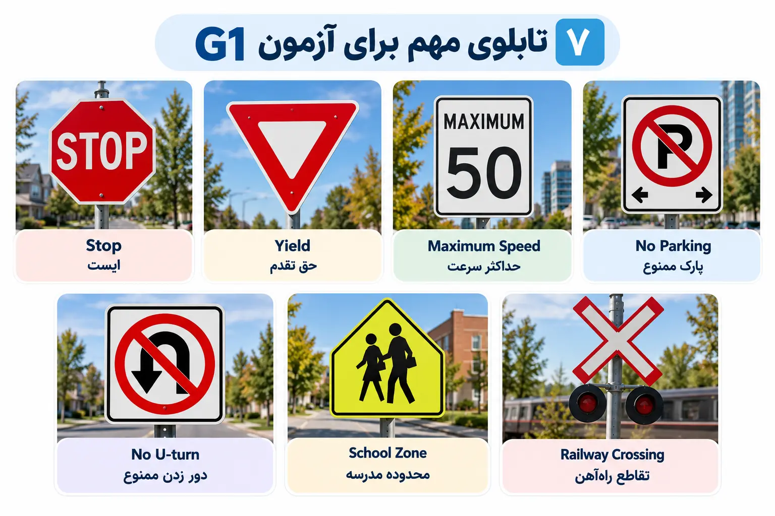 علائم مهم راهنمایی و رانندگی انتاریو برای آمادگی آزمون آیین نامه G1 کانادا